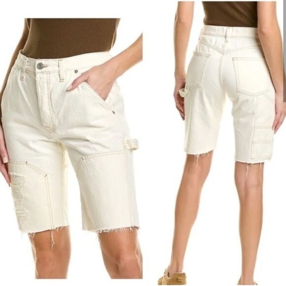 Nwt Frame Denim Le Slouch Off White Rips Bermuda Utility Shorts - Picture 1 of 6